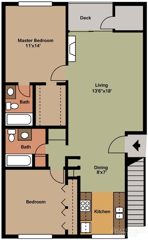 2d floorplan of a 2 bedroom, 2 bathroom unit
