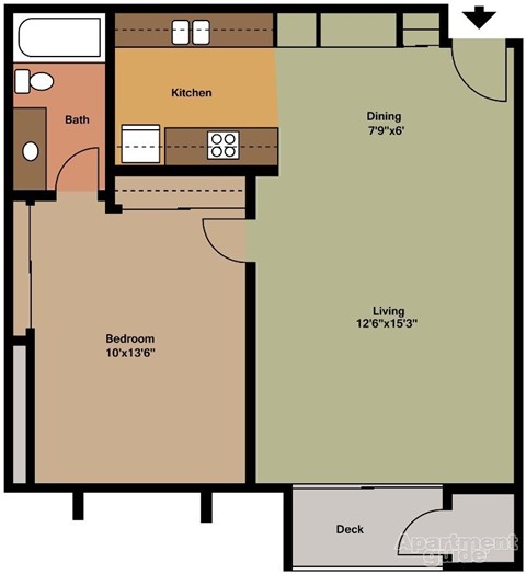 2d floorplan of a 1 bedroom, 1 bathroom unit