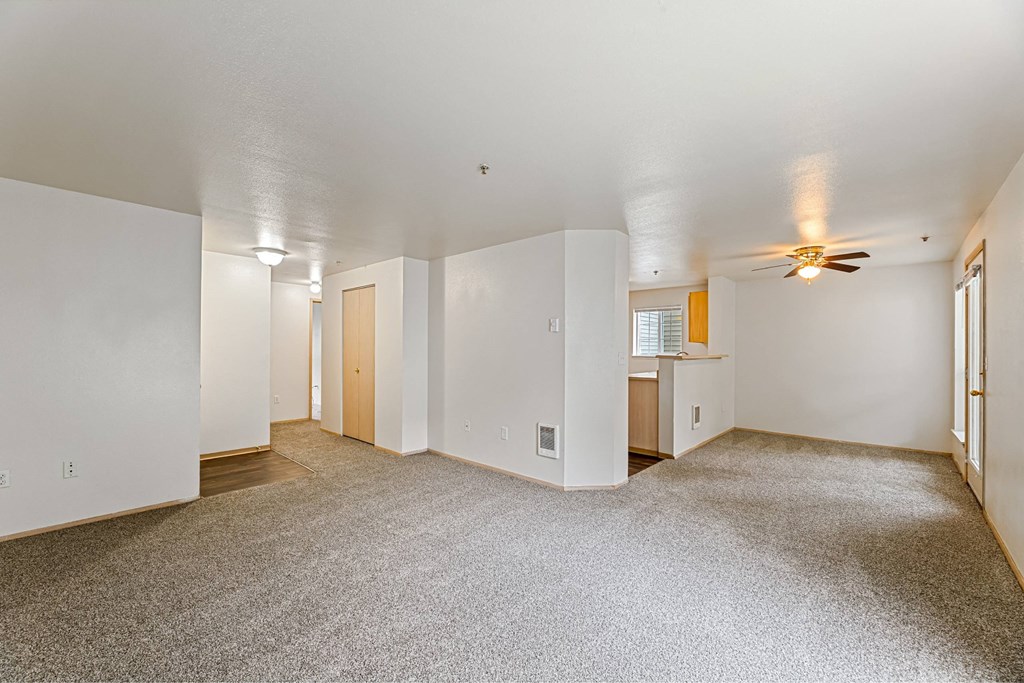 A spacious room with a ceiling fan and carpeted floor.