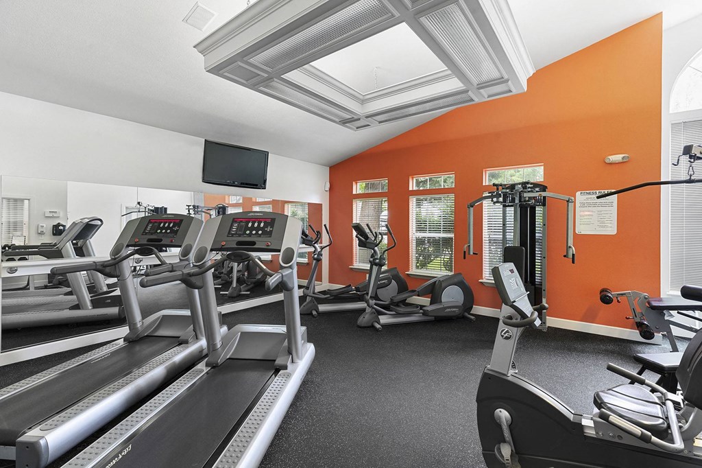 A gym with treadmills and exercise equipment.
