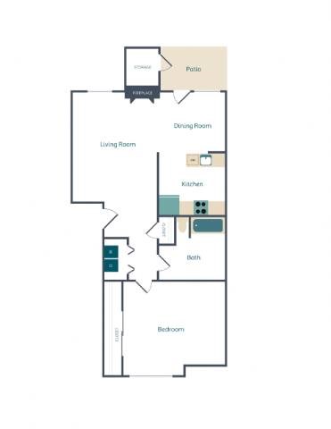 A floor plan of a home showing a living room, dining room, kitchen, and bathroom.