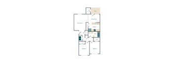 A floor plan of an apartment with a living room, dining room, kitchen, two bathrooms, and two bedrooms.