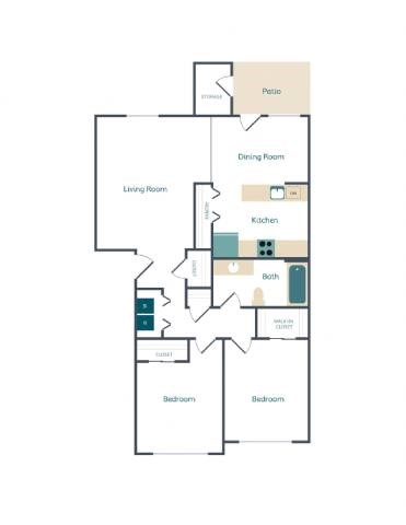 A floor plan of an apartment with a living room, dining room, kitchen, two bathrooms, and two bedrooms.