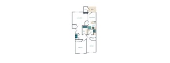 A floor plan of a house with a living room, dining room, kitchen, two bathrooms, and two bedrooms.