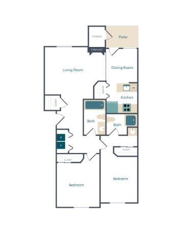 A floor plan of a house with a living room, dining room, kitchen, two bathrooms, and two bedrooms.