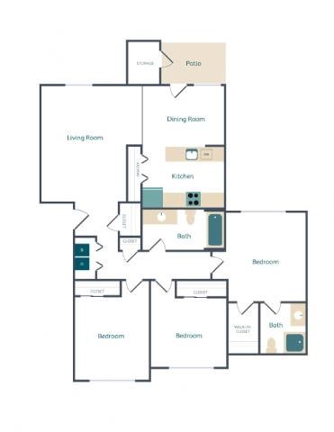 A floor plan of a house with labeled rooms such as Bedroom, Bath, Kitchen, and Living Room.