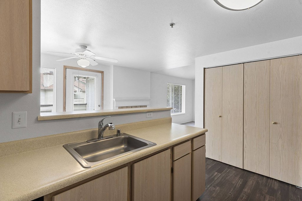 A kitchen with a sink and a fan.
