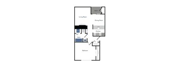 A floor plan of a small apartment with a living room, dining room, kitchen, and bathroom.