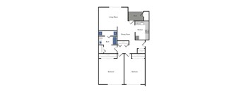 A floor plan of a house with a deck and two bedrooms.