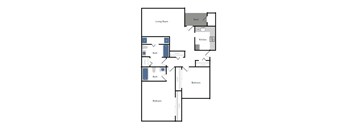 A floor plan of a house with a living room, kitchen, two bathrooms, a deck, and two bedrooms.