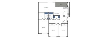 A floor plan of a house with a deck, living room, dining room, kitchen, and four bedrooms.