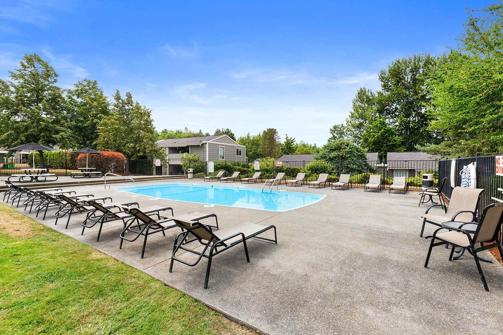 A pool surrounded by lawn chairs and trees.