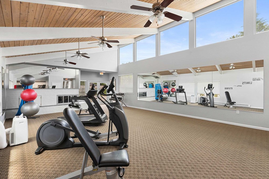 A gym with a variety of exercise equipment including treadmills, stationary bikes, and elliptical machines.