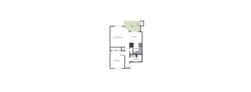 A floor plan of an apartment with a living room, dining area, kitchen, bedroom, and bathroom.