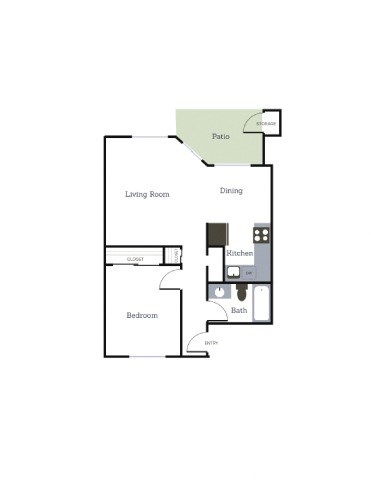 A floor plan of an apartment with a living room, dining area, kitchen, bedroom, and bathroom.