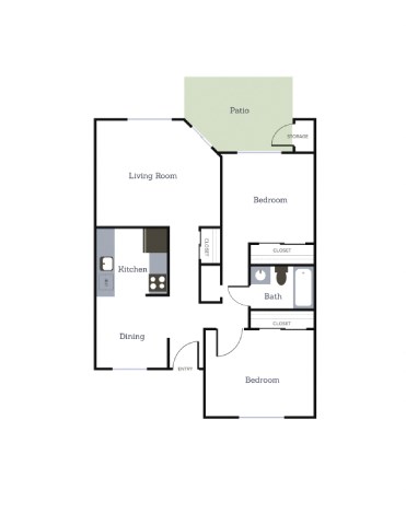 A floor plan of a house with a living room, dining room, kitchen, and two bedrooms.