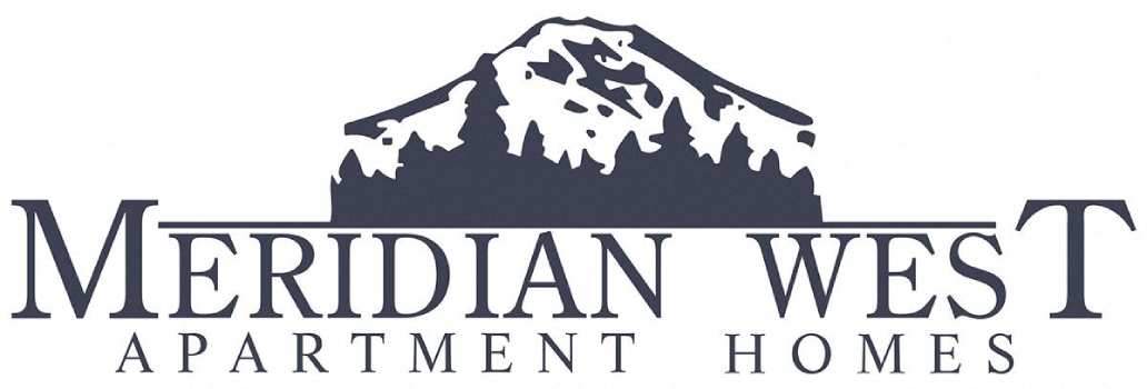 A logo for Meridian West Apartment Homes featuring a mountain.