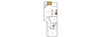 A floor plan of a house with a patio, dining room, living room, kitchen, and three bedrooms.