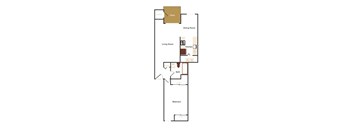 A floor plan of a house with a patio, dining room, living room, kitchen, bath, and bedroom.