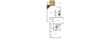 A floor plan of a house with a living room, dining room, kitchen, two bathrooms, and two bedrooms.