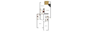A floor plan of a house with a patio, two bathrooms, a kitchen, a dining room, and two bedrooms.