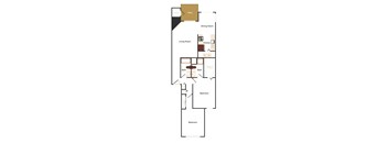 A floor plan of a house with a living room, two bathrooms, a dining room, a kitchen, and two bedrooms.