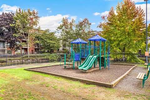 A playground with a green slide and a blue canopy.