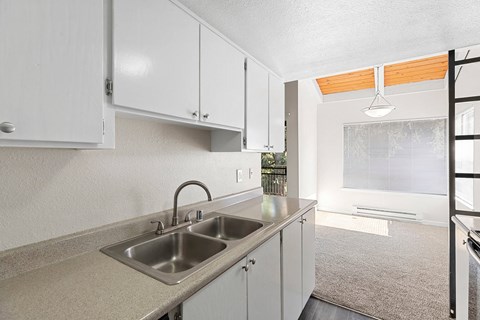 A kitchen with white cabinets and a stainless steel sink.