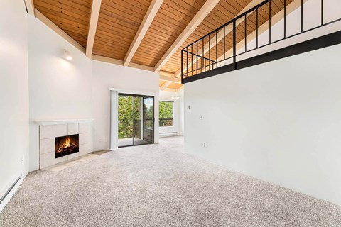 A room with a fireplace and a carpeted floor.