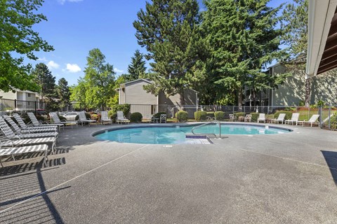 A large outdoor swimming pool surrounded by lounge chairs and trees.