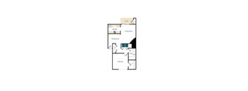A floor plan of a house with a kitchen, dining room, living room, and bedroom.