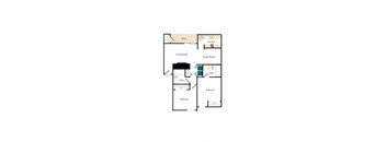 A floor plan of a house with a deck, living room, dining room, kitchen, and two bathrooms.