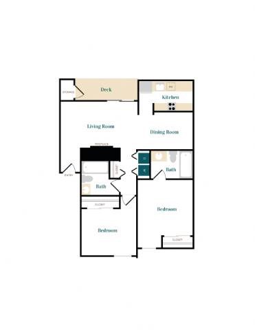 A floor plan of a house with a deck, living room, dining room, kitchen, and two bathrooms.