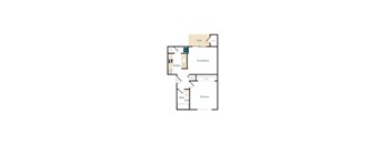 A floor plan of a house with a deck, living room, kitchen, and two bedrooms.
