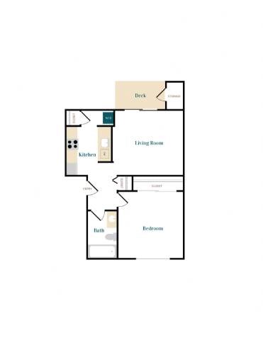 A floor plan of a house with a deck, living room, kitchen, and two bedrooms.