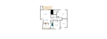 A floor plan of a house with a deck, living room, dining room, kitchen, and three bedrooms.