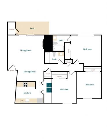 A floor plan of a house with a deck, living room, dining room, kitchen, and three bedrooms.