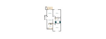 A floor plan of a house with a living room, dining room, kitchen, and two bedrooms.