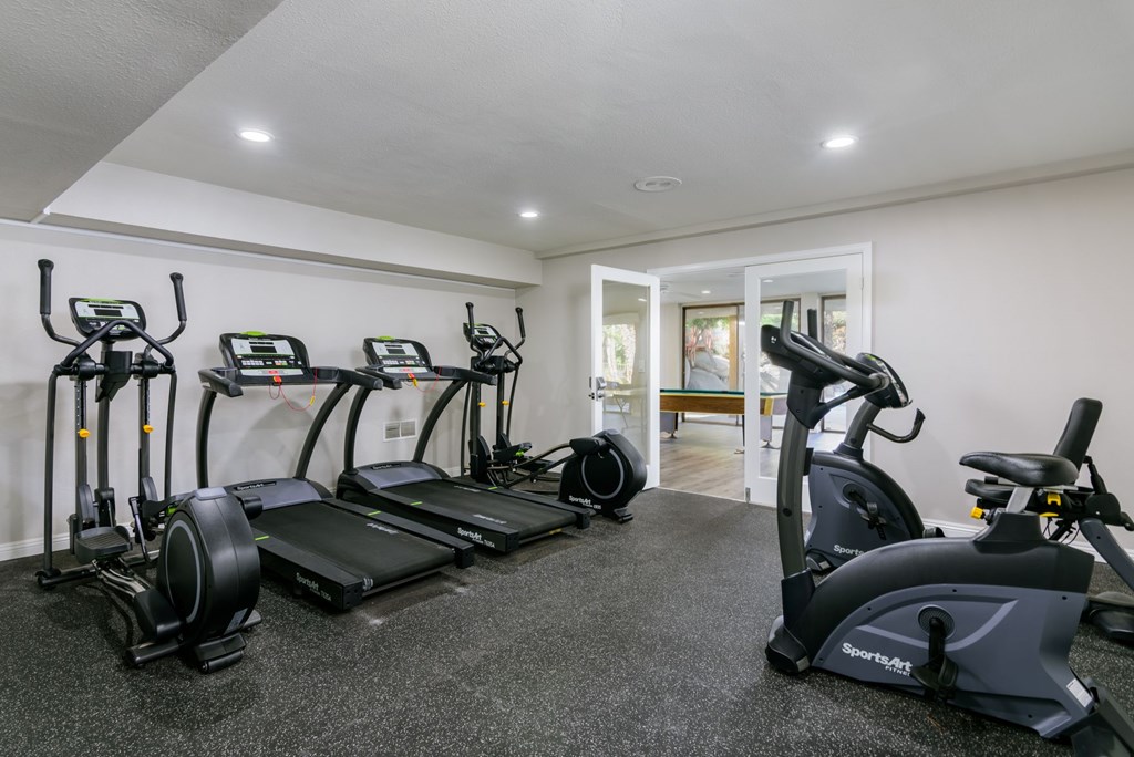 A room with a row of exercise bikes and a treadmill.