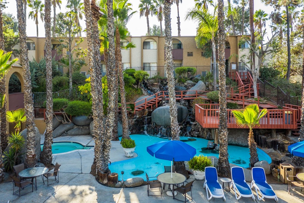 A pool surrounded by palm trees and chairs.