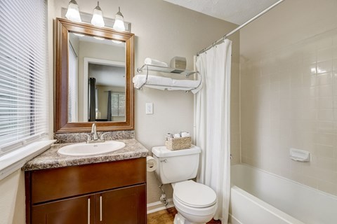 A bathroom with a toilet, sink, and shower.