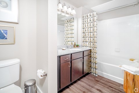 A bathroom with a toilet, sink, and a wooden floor.