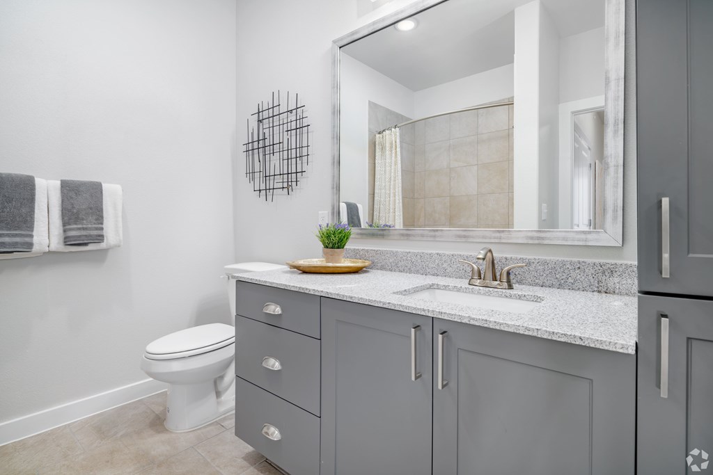 A bathroom with a white toilet, grey cabinets, and a marble countertop.