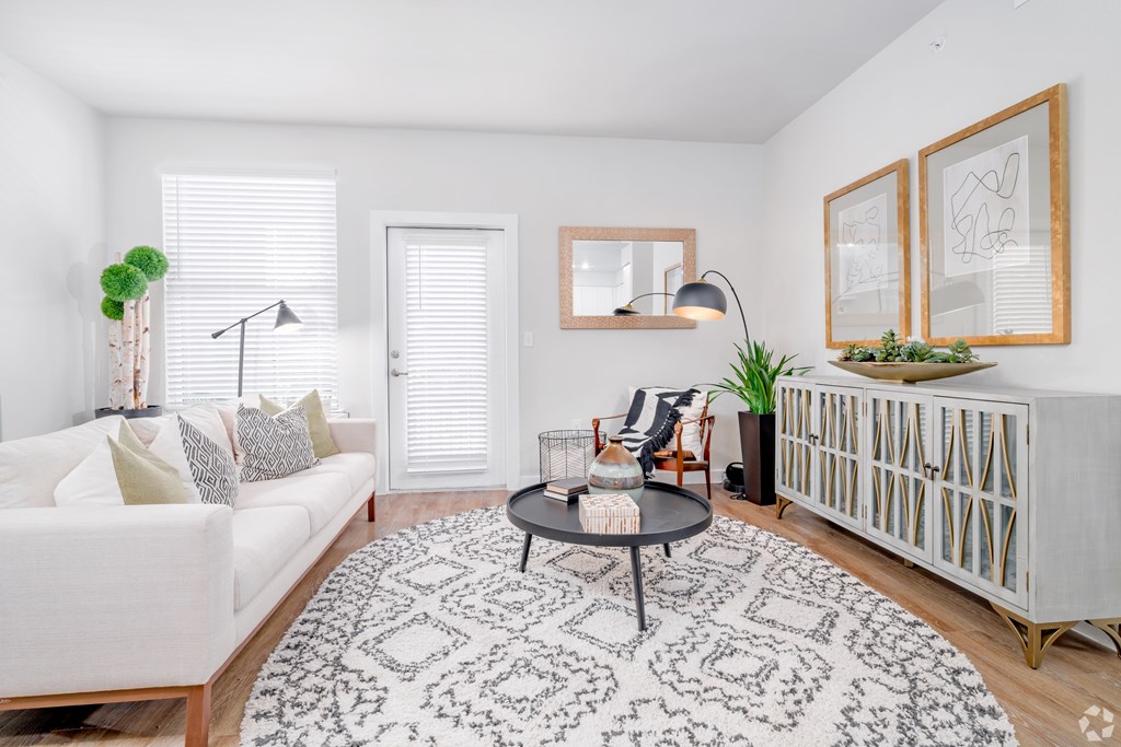 A living room with a white couch, a black and white patterned rug, and a wooden coffee table.