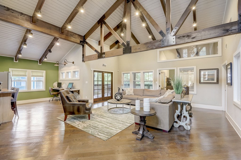 Interior room of Leasing Center with vaulted ceilings and seating area at Wynnwood Vinings Atlanta