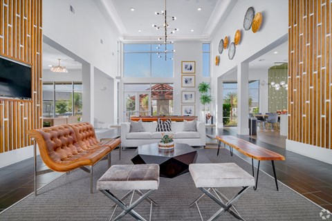 A modern living room with a brown leather sofa and a grey rug.