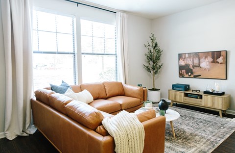 a living room with a brown leather couch and a tv