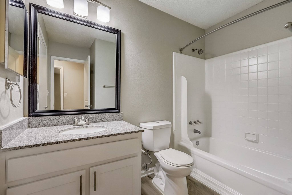 a bathroom with a mirror and a toilet and a tub at Veridian at Sandy Springs