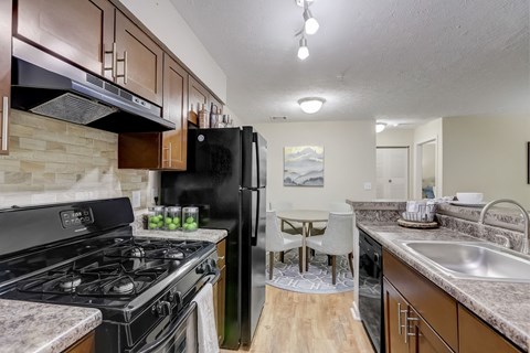 A kitchen with a black refrigerator and stove.
