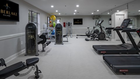Apartments for Rent in Duluth, GA - Amberlake Village - Fitness Center With Treadmills, Strength Machines, Exercise Bikes, Mirrored Wall, And Bright Overhead Lighting.